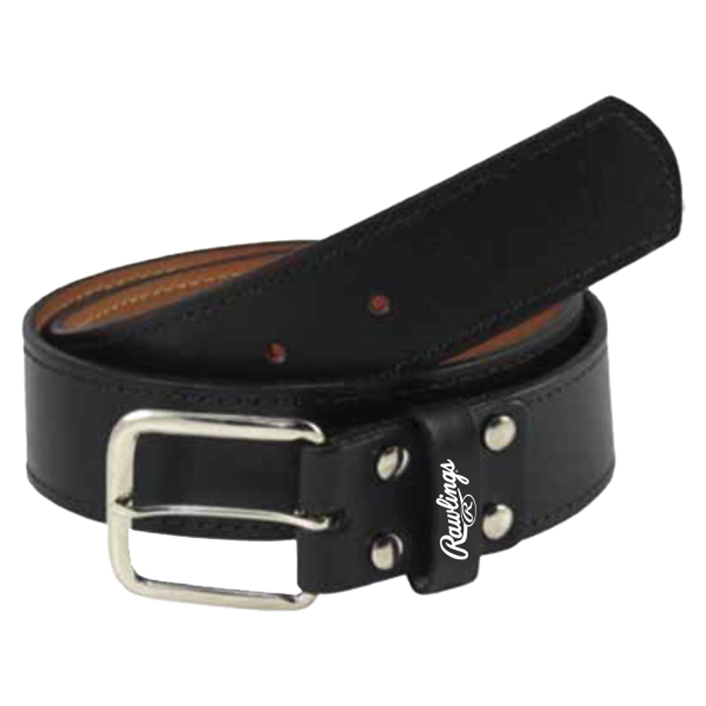 Rawlings Pro leather belt in black featuring durable leather construction, a metal buckle, and reinforced rivets, designed for baseball and softball uniforms. ⚾