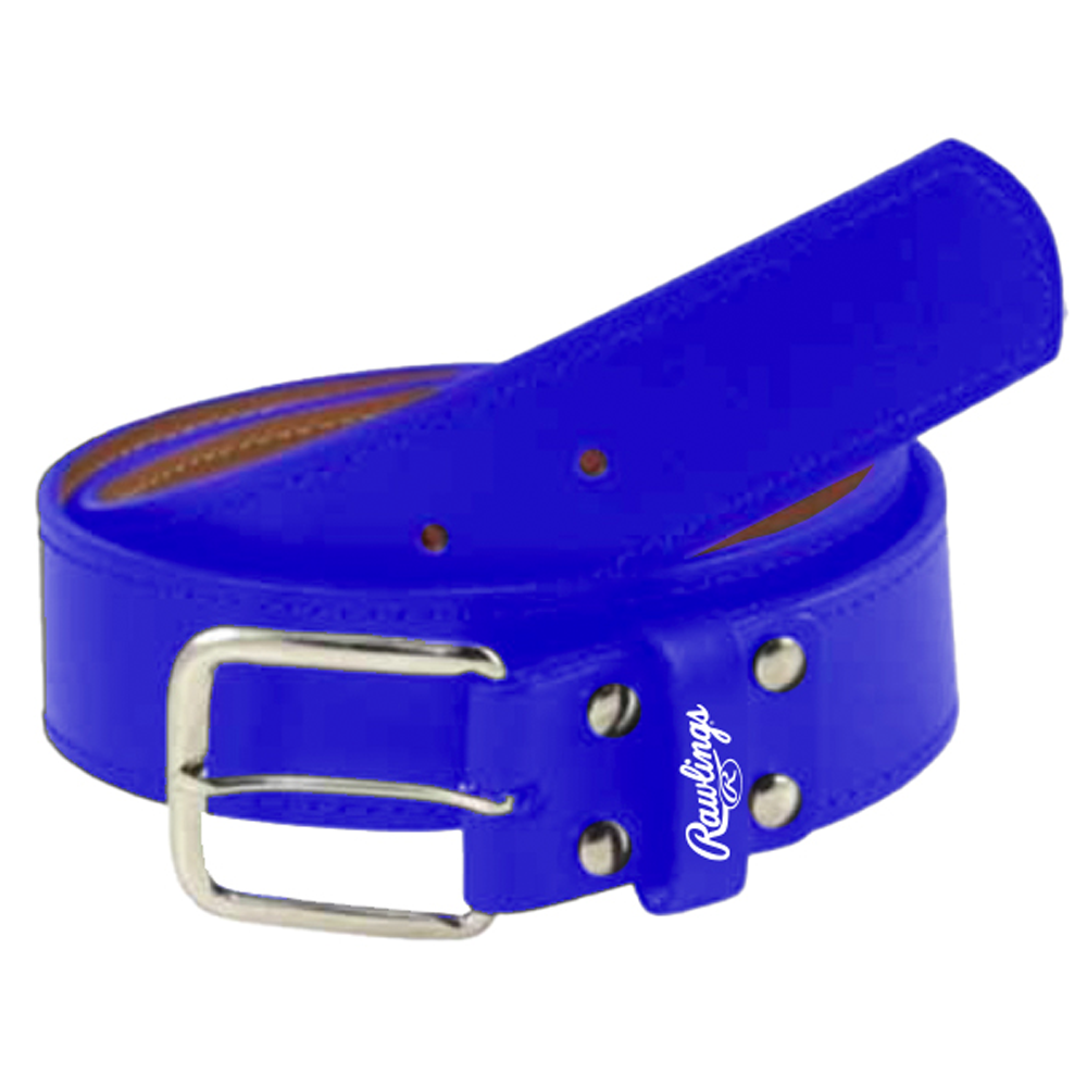Rawlings Pro leather belt in blue featuring durable leather construction, a metal buckle, and reinforced rivets, designed for baseball and softball uniforms. ⚾