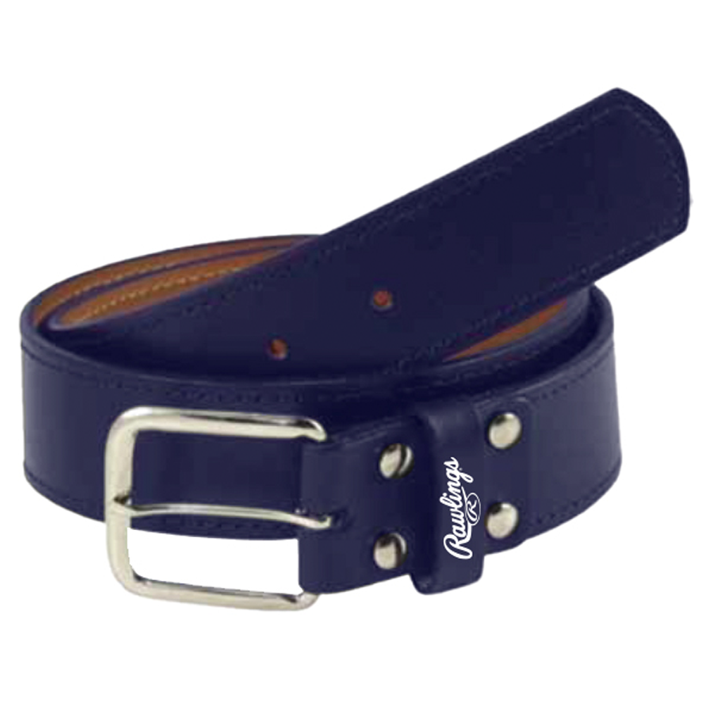 Rawlings Pro leather belt in navy featuring durable leather construction, a metal buckle, and reinforced rivets, designed for baseball and softball uniforms. ⚾