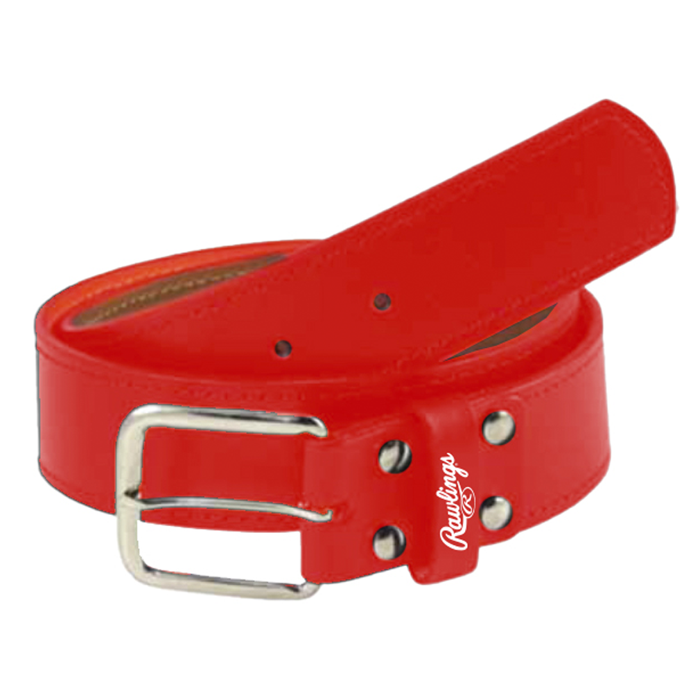 Rawlings Pro leather belt in red featuring durable leather construction, a metal buckle, and reinforced rivets, designed for baseball and softball uniforms. ⚾