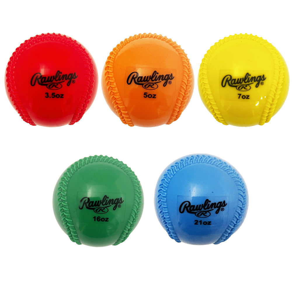 Set of Rawlings Plyo Power throwing training balls in multiple colors and weights (3.5 oz, 5 oz, 7 oz, 16 oz, and 21 oz), designed to help improve throwing strength, arm conditioning, and pitching mechanics for baseball players. ⚾
