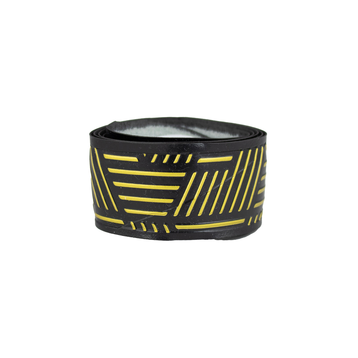 Black and gold REVGRIP baseball bat grip tape roll with bold diagonal geometric pattern.