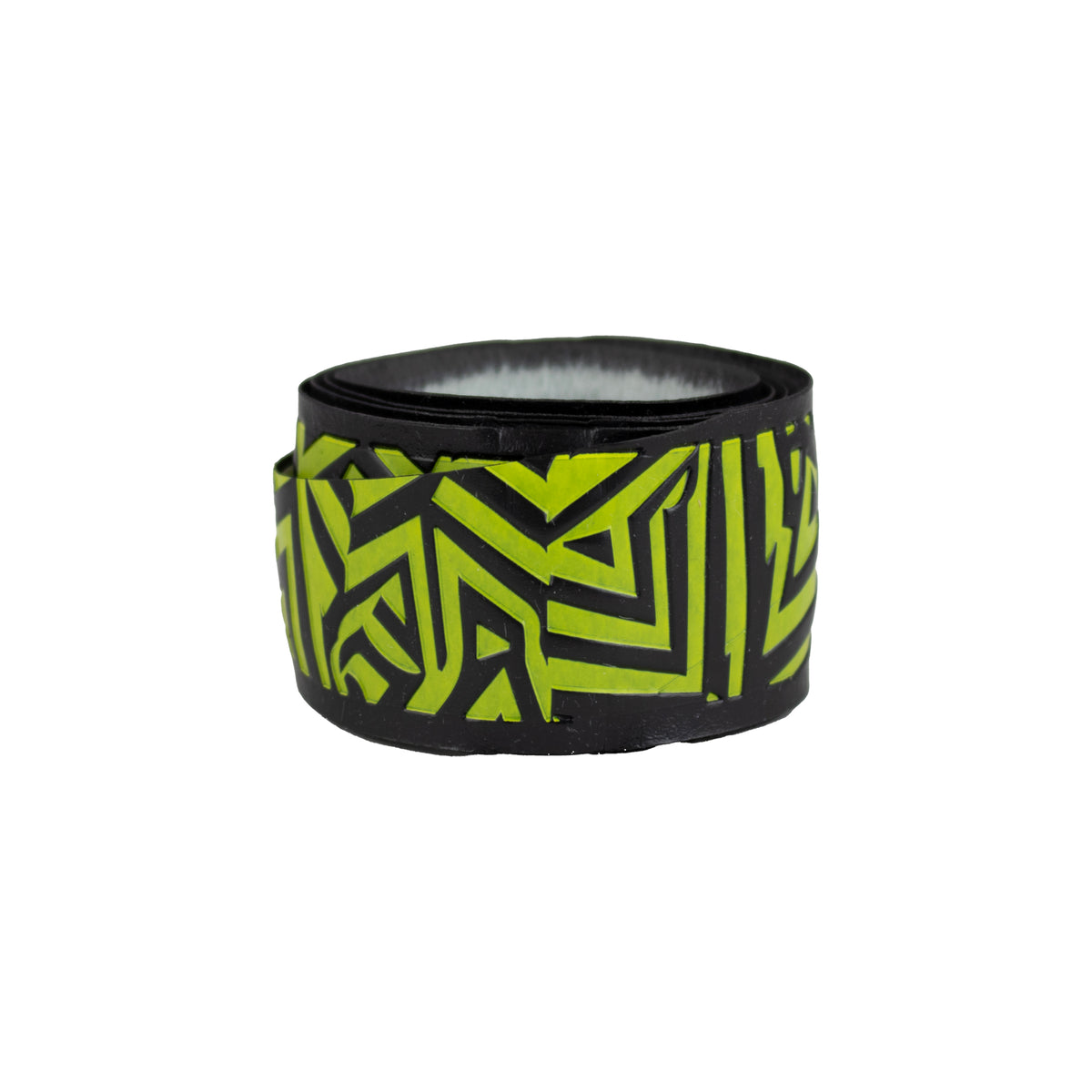 Black REVGRIP baseball bat grip tape roll with neon yellow geometric maze pattern.