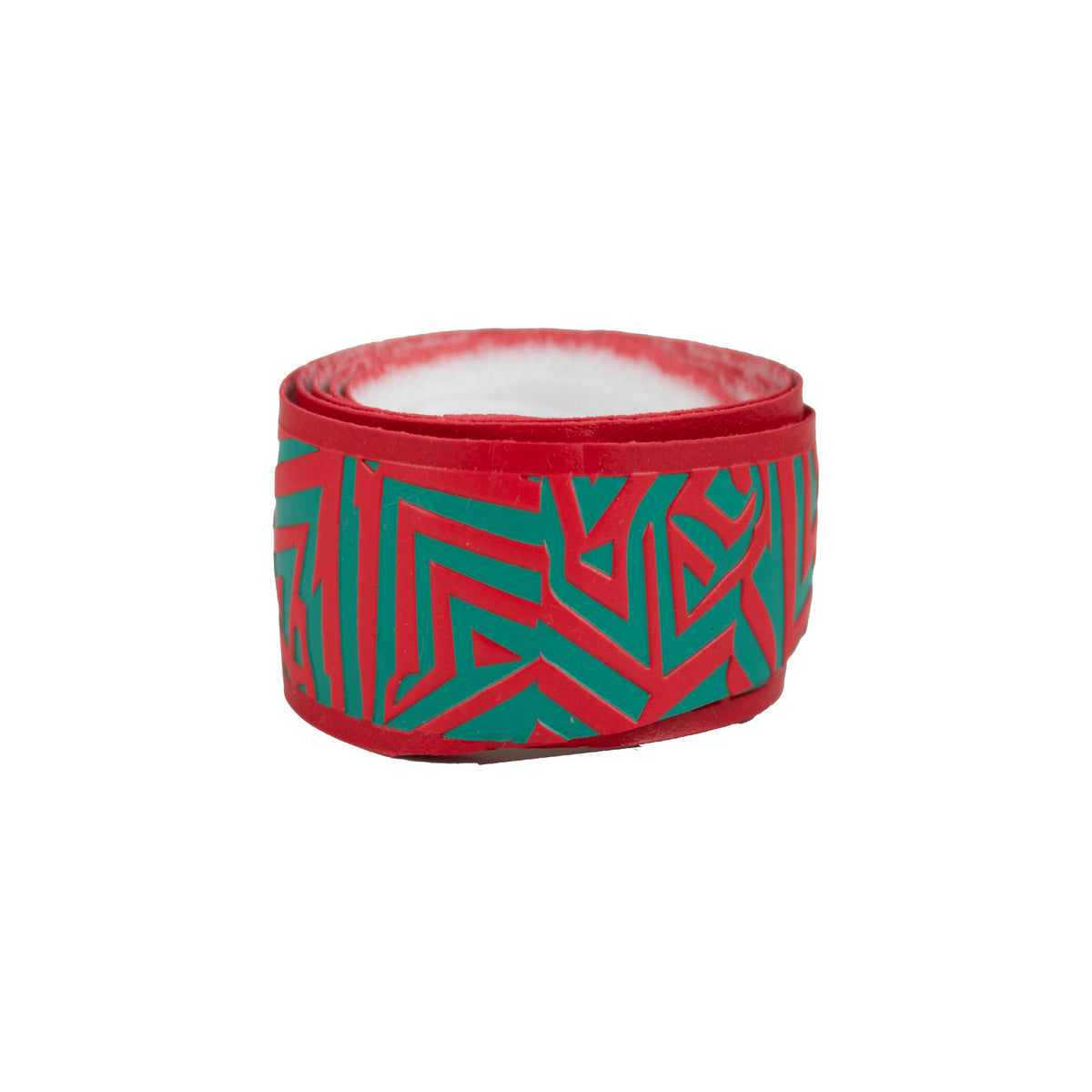Red REVGRIP baseball bat grip tape roll with teal geometric maze-style pattern.