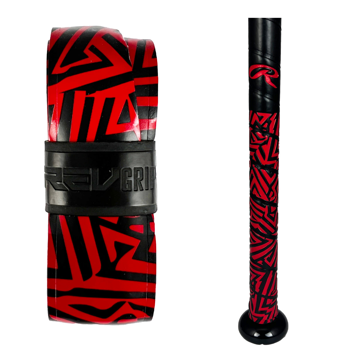 Red and black REVGRIP baseball bat grip tape roll next to a bat wrapped with the same grip.