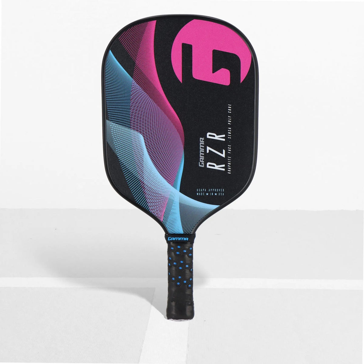 Pickleball paddle with a textured face and ergonomic handle, designed for enhanced control, spin, and performance on the court.