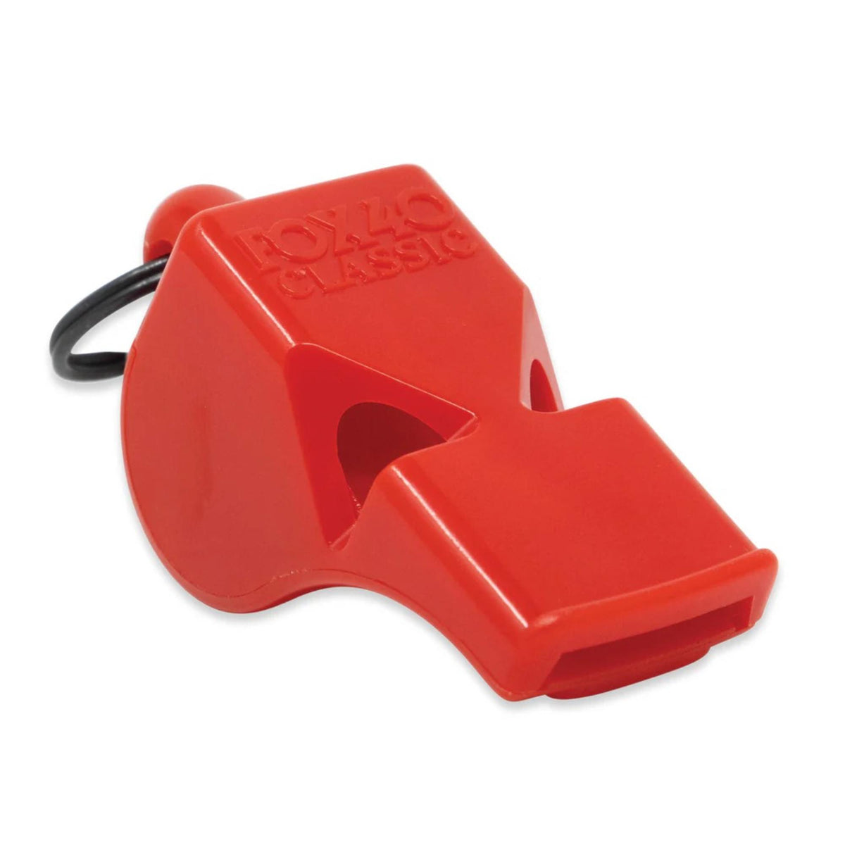 Safety whistle designed for emergency use, featuring a compact shape and key ring attachment for easy carrying.
