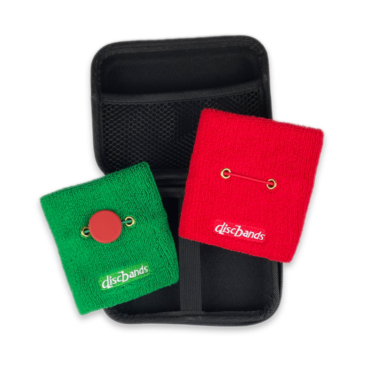 Two wristbands, one green and one red, with 'discbands' logo on a black pouch.
