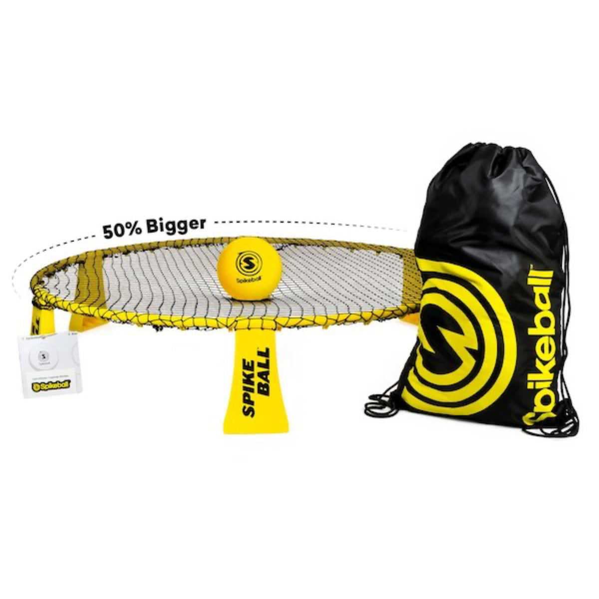 Spikeball set with net, ball, and carrying bag on a white background
