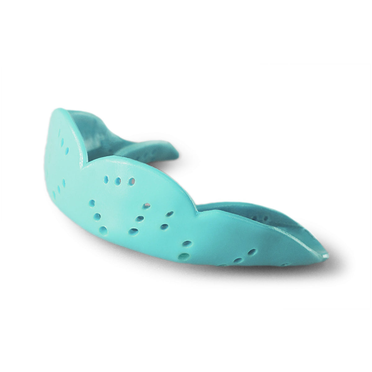 Medium size sports mouthguard with slim low-profile design and multiple ventilation holes for comfort, airflow, and protection during athletic activities.
