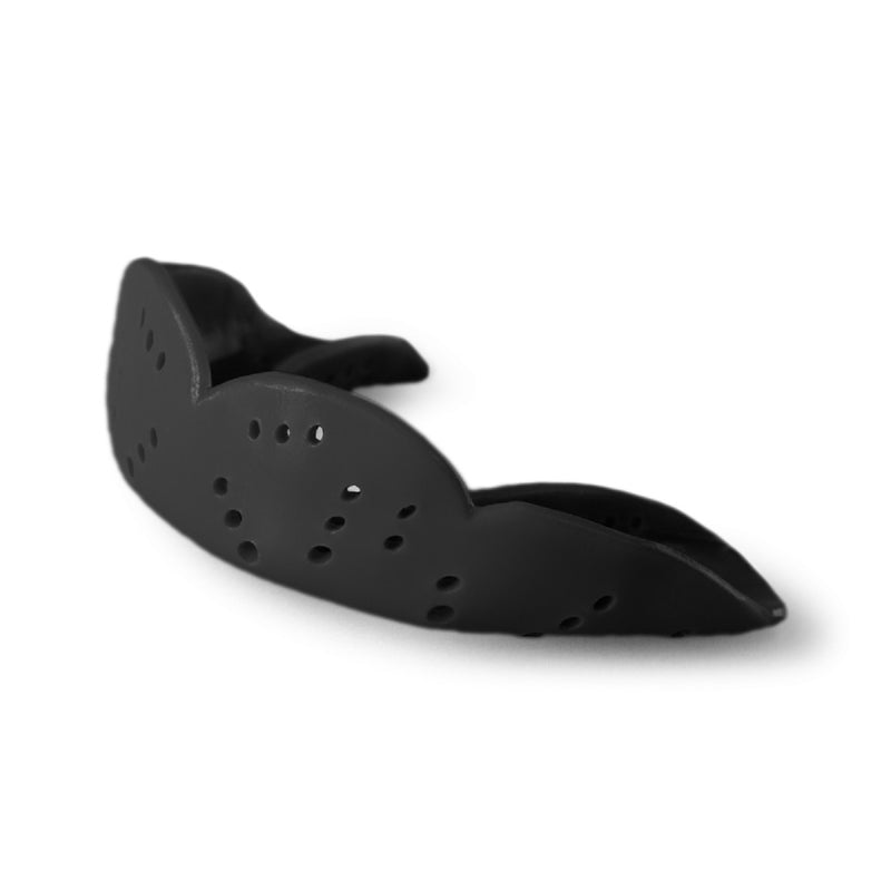 Large size sports mouthguard with a slim low-profile design and multiple ventilation holes for airflow, comfort, and protection during athletic activities.