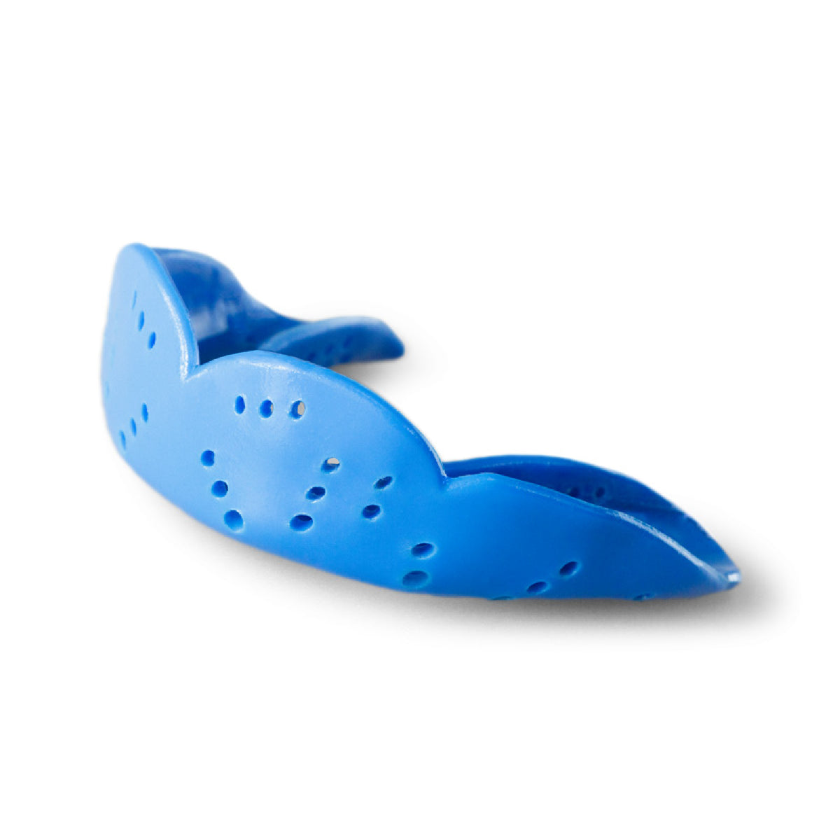 Small size sports mouthguard with slim low-profile design and multiple ventilation holes for airflow, comfort, and protection during athletic activities.