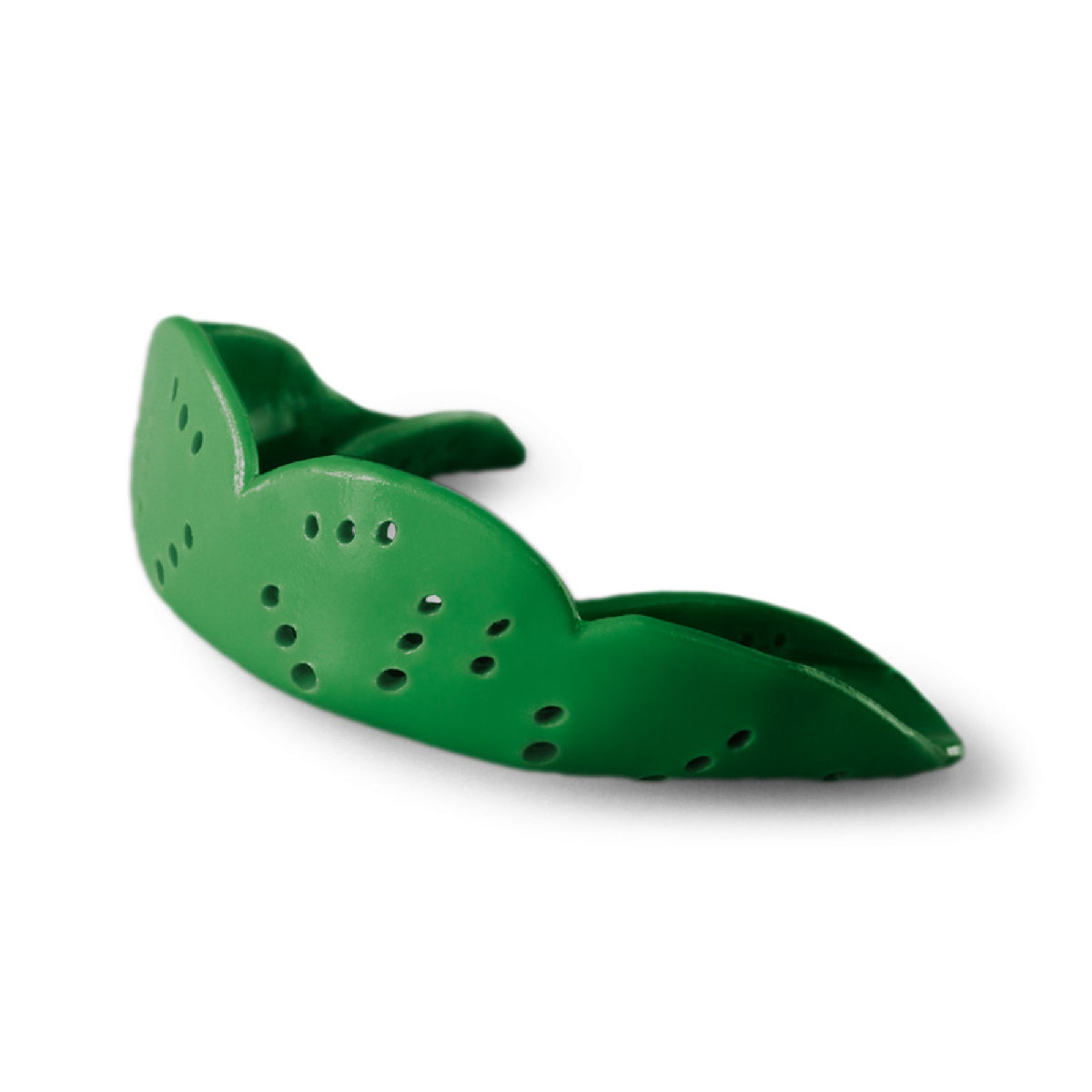 Medium size sports mouthguard with slim low-profile design and multiple ventilation holes for comfort, airflow, and protection during athletic activities.