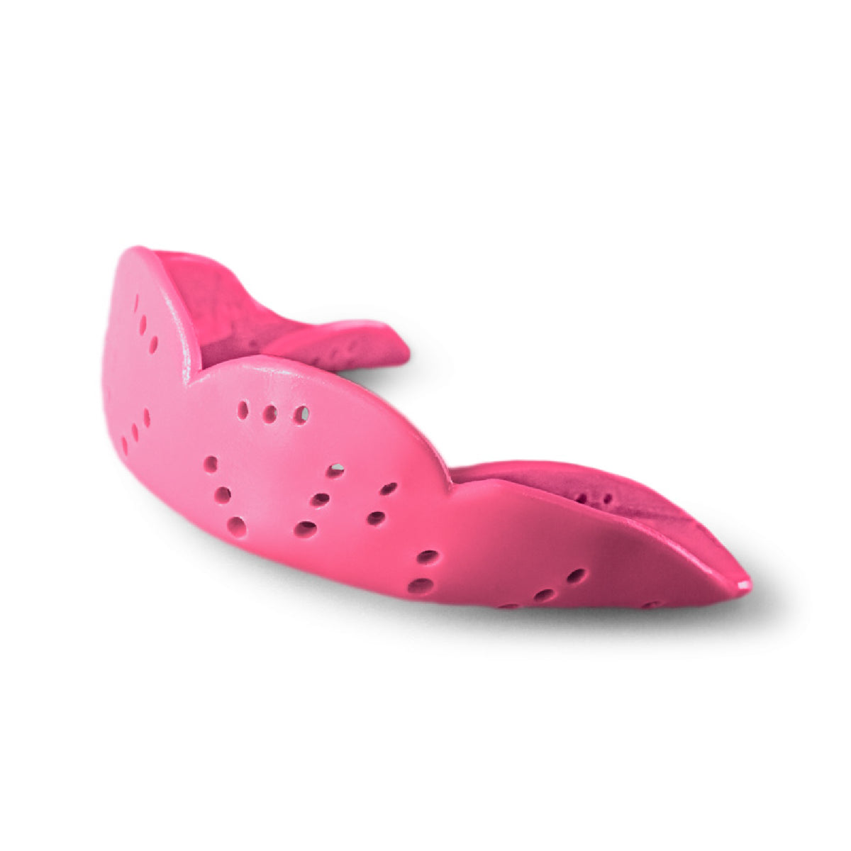 Medium size sports mouthguard with slim low-profile design and multiple ventilation holes for comfort, airflow, and protection during athletic activities.