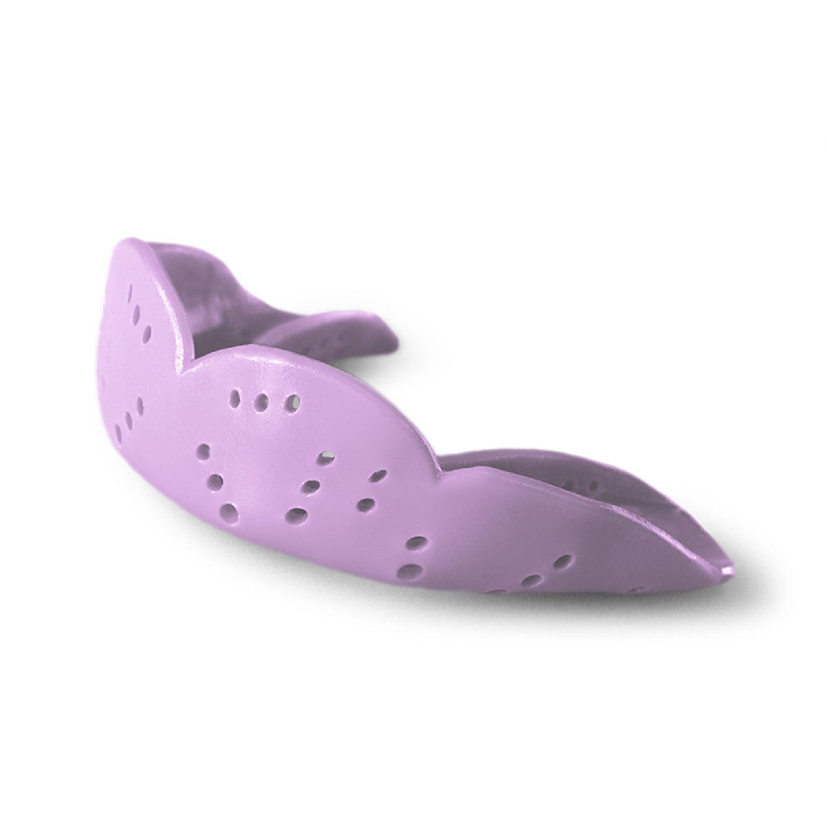 Medium size sports mouthguard with slim low-profile design and multiple ventilation holes for comfort, airflow, and protection during athletic activities.