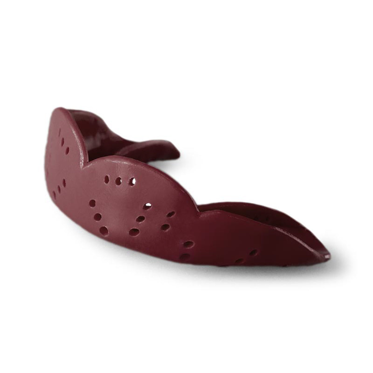 Medium size sports mouthguard with slim low-profile design and multiple ventilation holes for comfort, airflow, and protection during athletic activities.