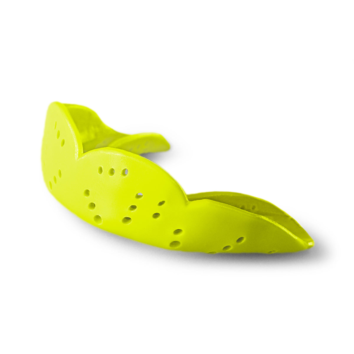 Small size sports mouthguard with slim low-profile design and multiple ventilation holes for airflow, comfort, and protection during athletic activities.