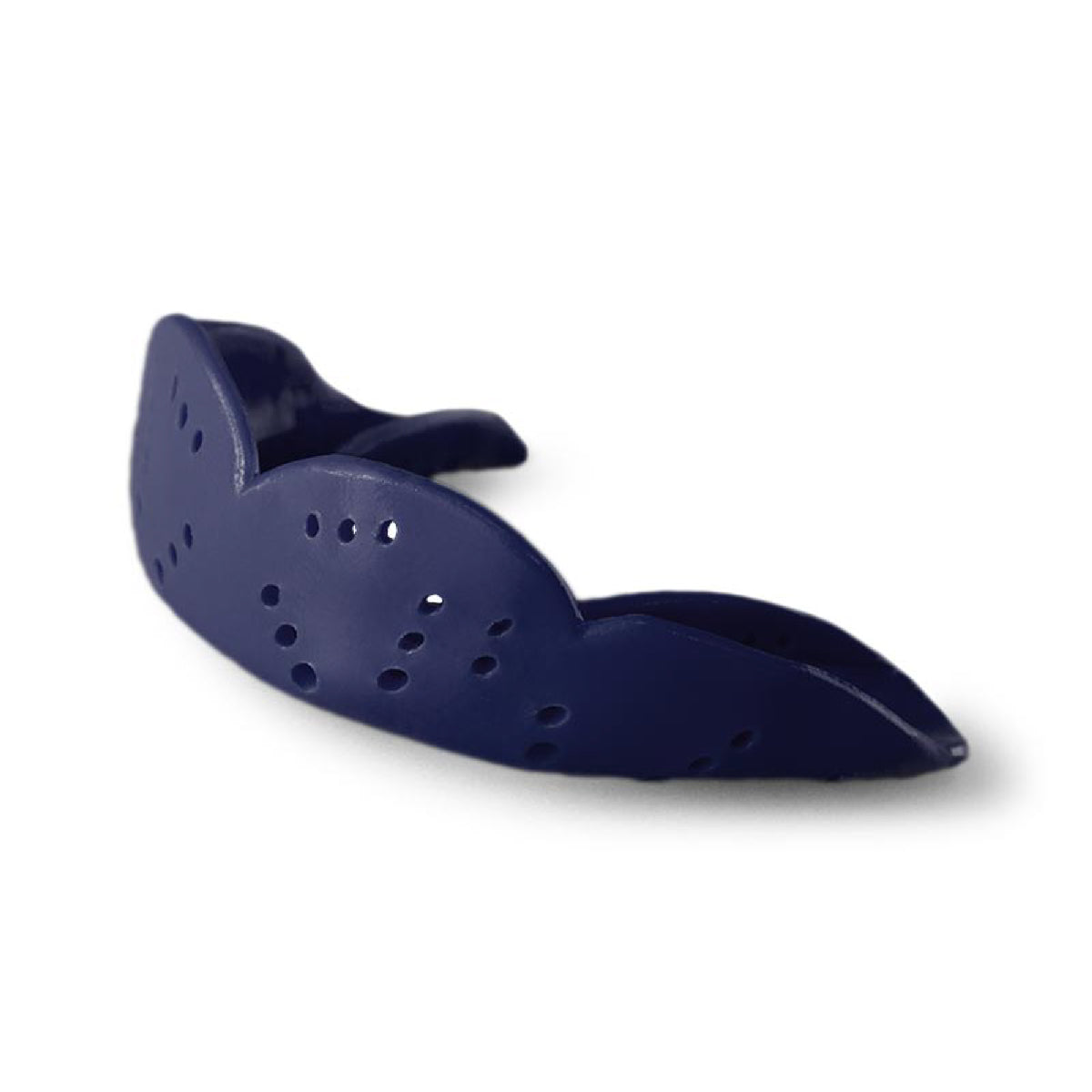 Medium size sports mouthguard with slim low-profile design and multiple ventilation holes for comfort, airflow, and protection during athletic activities.
