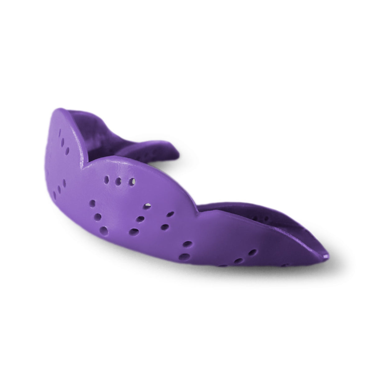 Medium size sports mouthguard with slim low-profile design and multiple ventilation holes for comfort, airflow, and protection during athletic activities.
