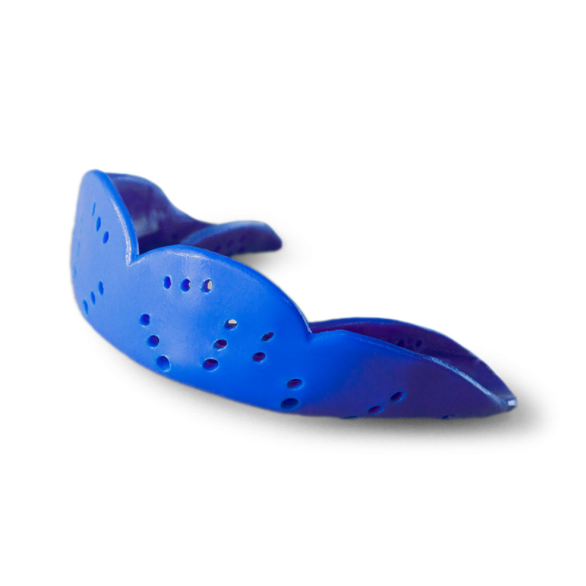 Small size sports mouthguard with slim low-profile design and multiple ventilation holes for airflow, comfort, and protection during athletic activities.