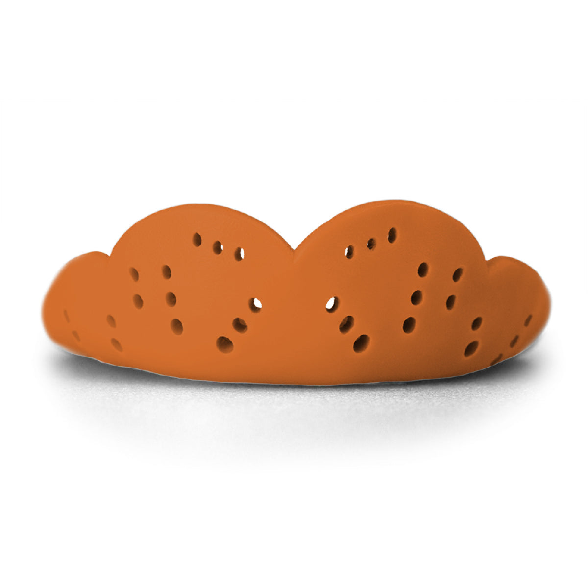 Heavy-duty sports mouthguard with contoured shape and multiple ventilation holes for enhanced protection and airflow during athletic activities.