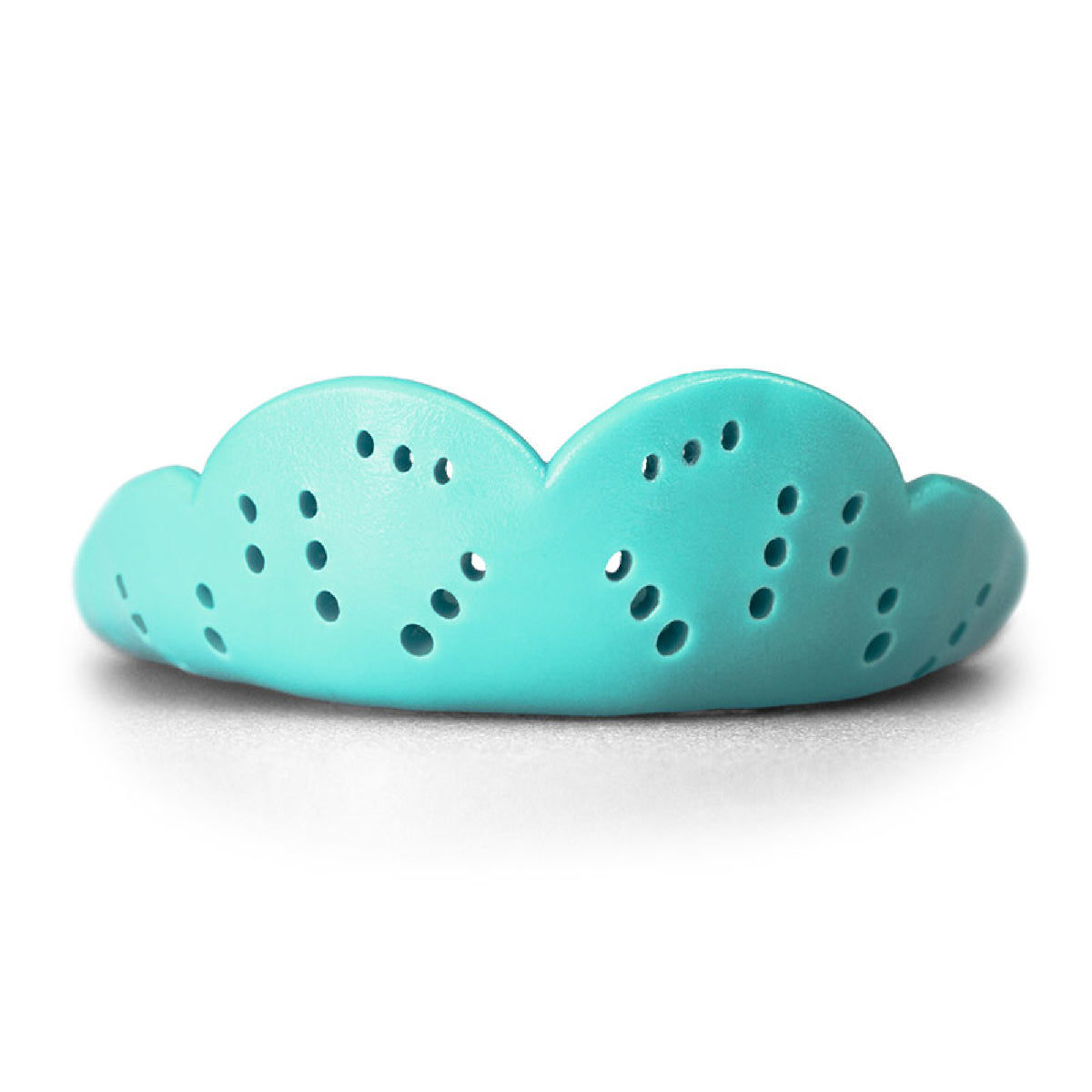 Heavy-duty sports mouthguard with contoured shape and multiple ventilation holes for enhanced protection and airflow during athletic activities.