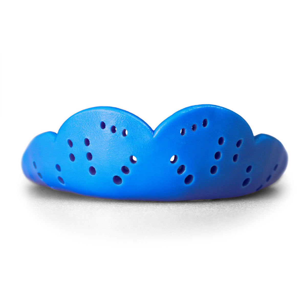 Heavy-duty sports mouthguard with contoured shape and multiple ventilation holes for enhanced protection and airflow during athletic activities.