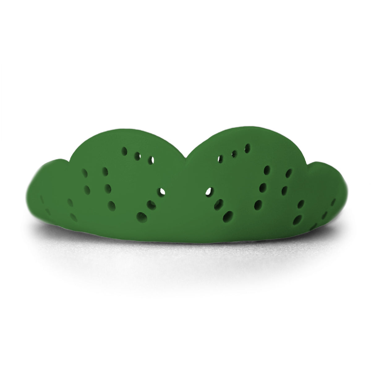 Heavy-duty sports mouthguard with contoured shape and multiple ventilation holes for enhanced protection and airflow during athletic activities.