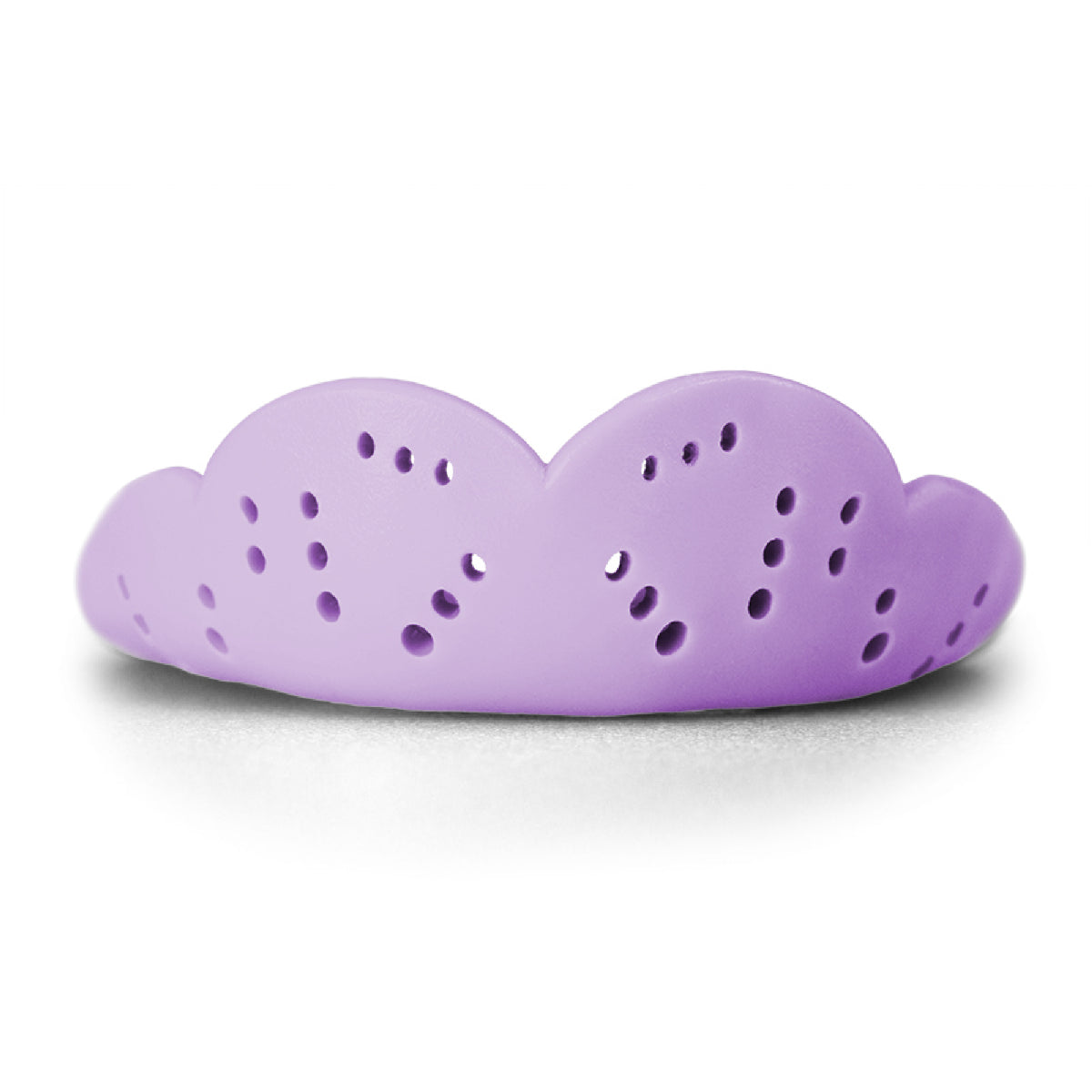 Heavy-duty sports mouthguard with contoured shape and multiple ventilation holes for enhanced protection and airflow during athletic activities.