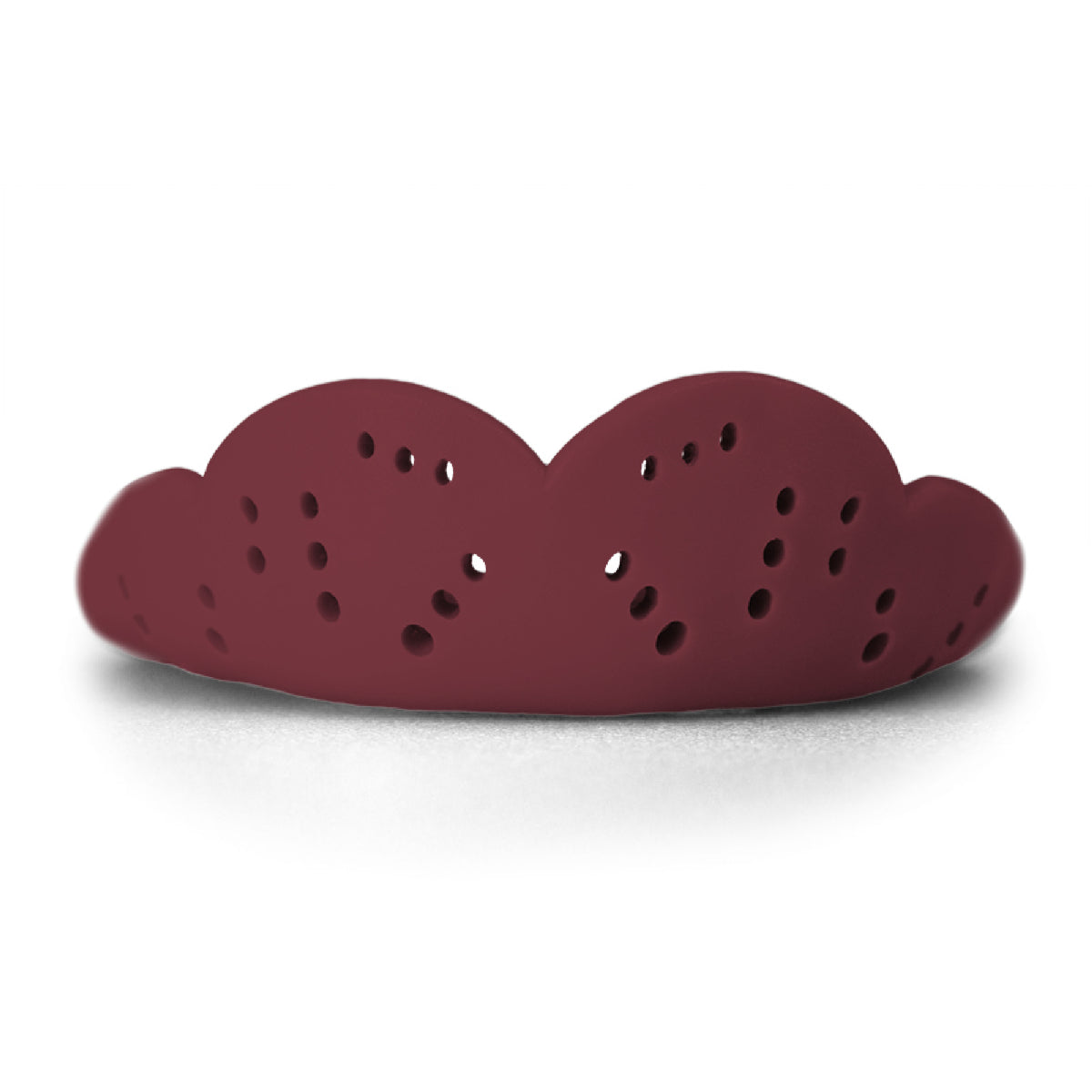 Heavy-duty sports mouthguard with contoured shape and multiple ventilation holes for enhanced protection and airflow during athletic activities.
