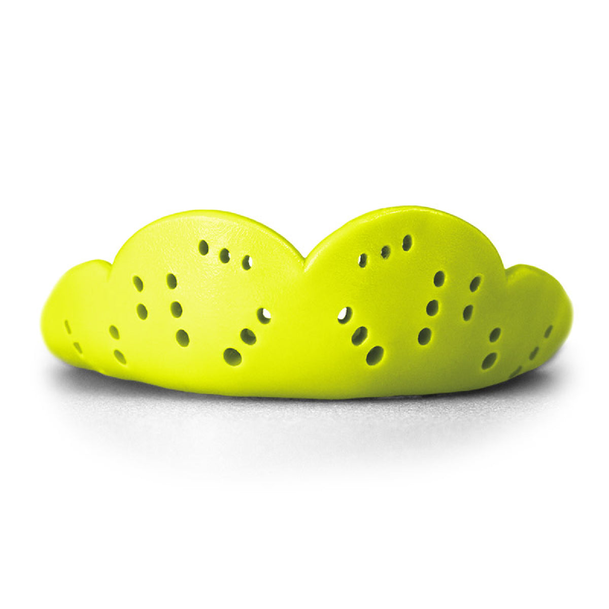 Heavy-duty sports mouthguard with contoured shape and multiple ventilation holes for enhanced protection and airflow during athletic activities.