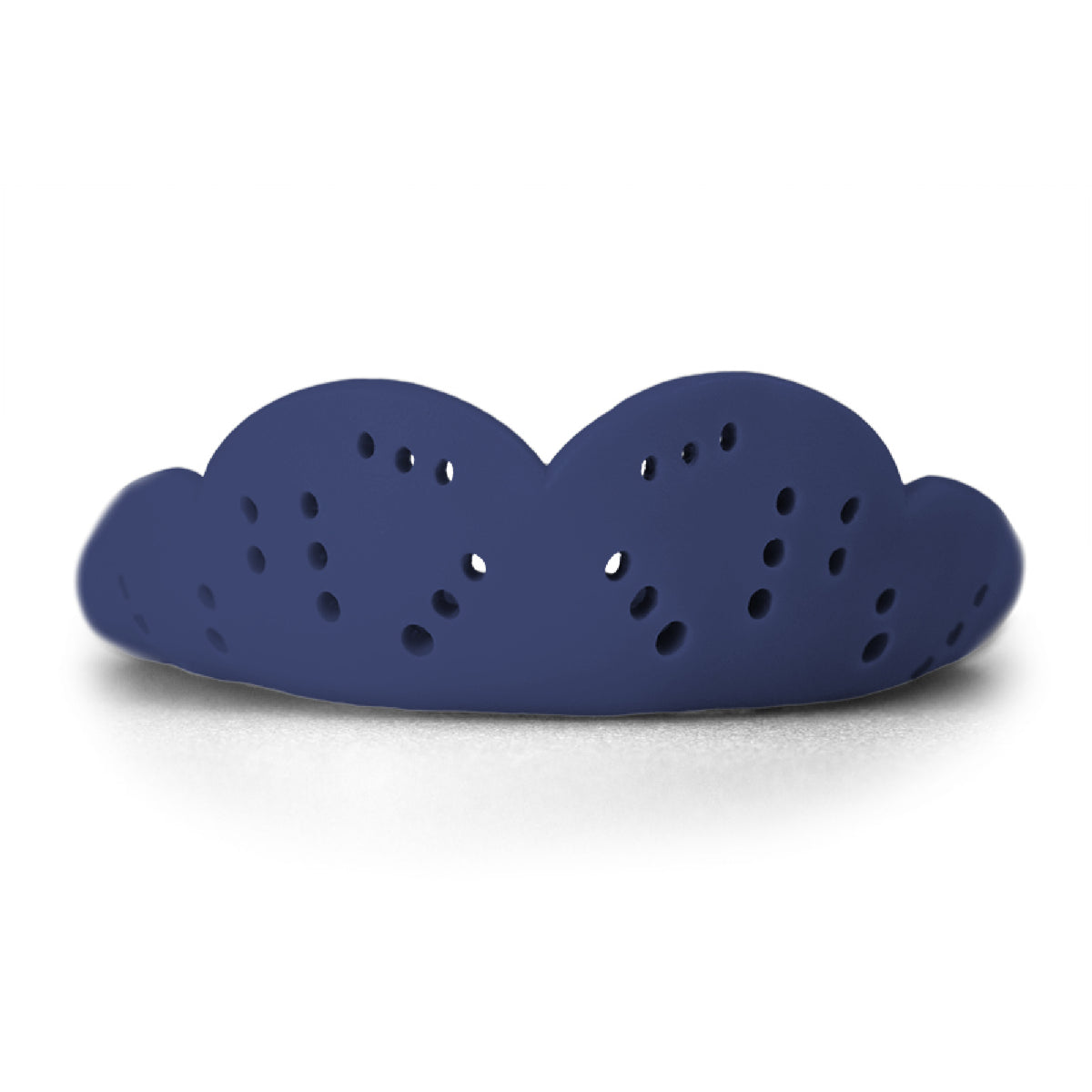 Heavy-duty sports mouthguard with contoured shape and multiple ventilation holes for enhanced protection and airflow during athletic activities.