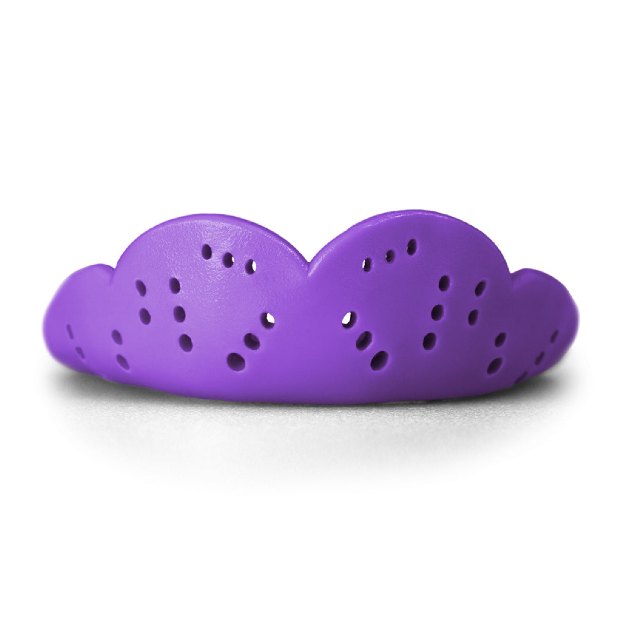 Heavy-duty sports mouthguard with contoured shape and multiple ventilation holes for enhanced protection and airflow during athletic activities.