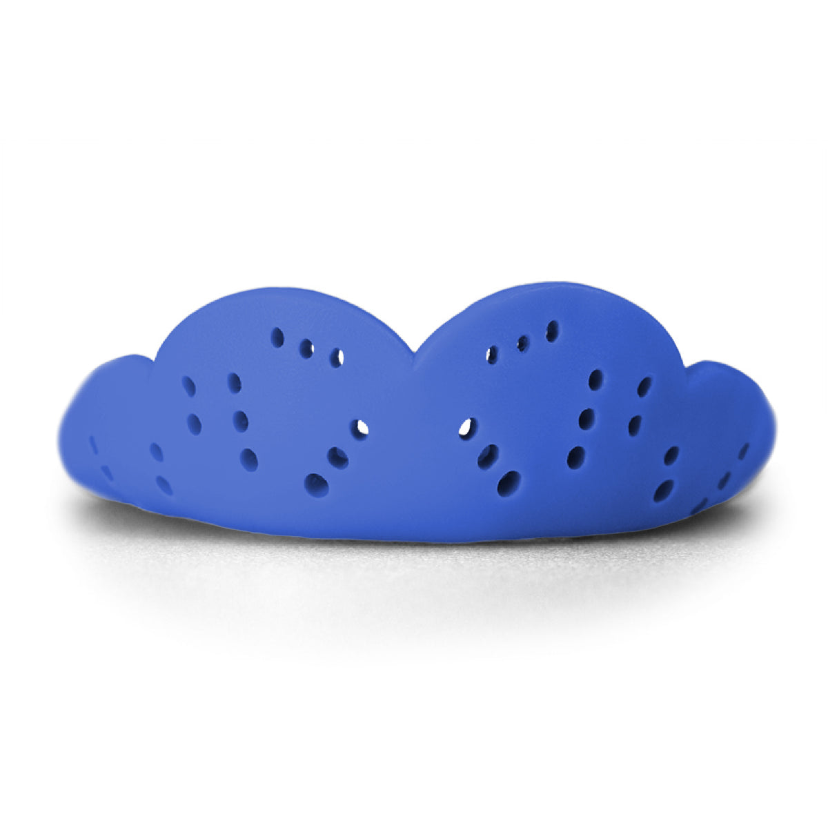 Heavy-duty sports mouthguard with contoured shape and multiple ventilation holes for enhanced protection and airflow during athletic activities.
