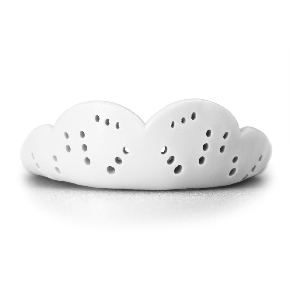 Heavy-duty sports mouthguard with contoured shape and multiple ventilation holes for enhanced protection and airflow during athletic activities.