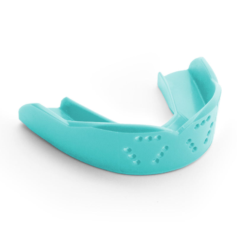 Youth sports mouthguard with slim contoured design and multiple ventilation holes for breathability and protection during athletic activities.