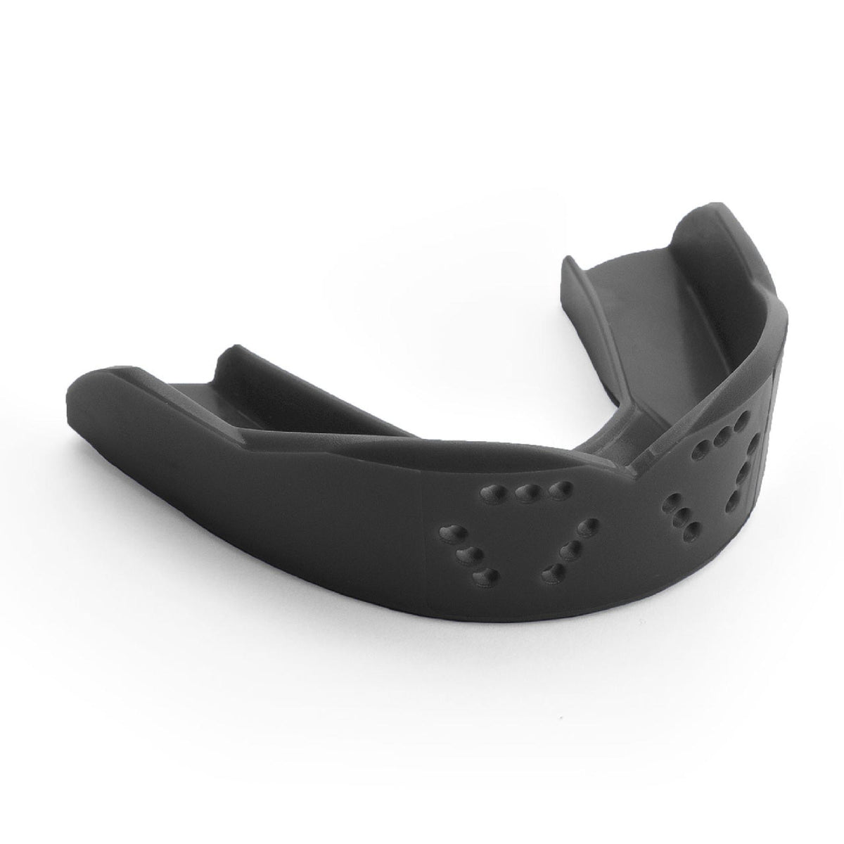 Youth sports mouthguard with slim contoured design and multiple ventilation holes for breathability and protection during athletic activities.