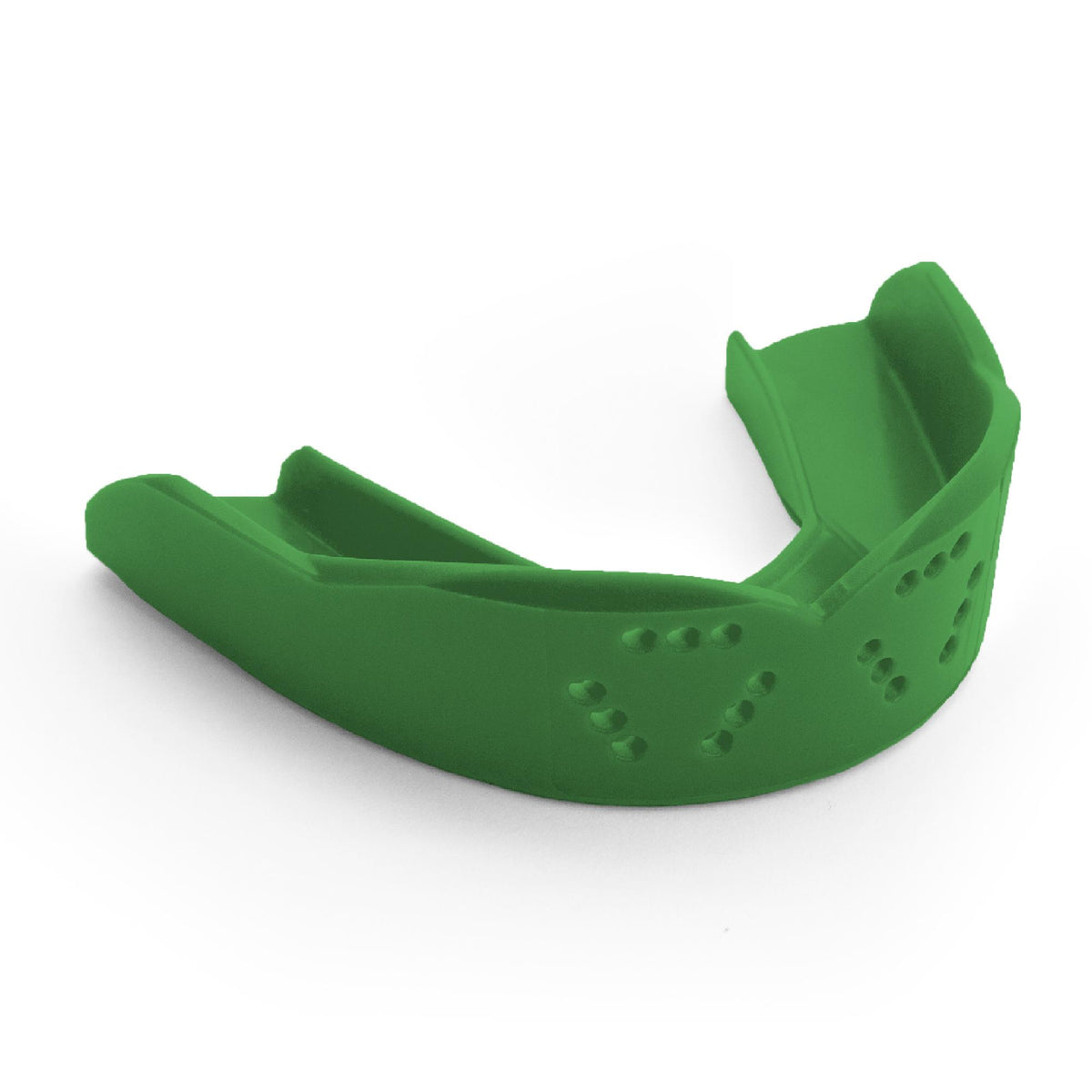 Adult sports mouthguard with slim contoured design and multiple ventilation holes for breathability and protection during athletic activities.