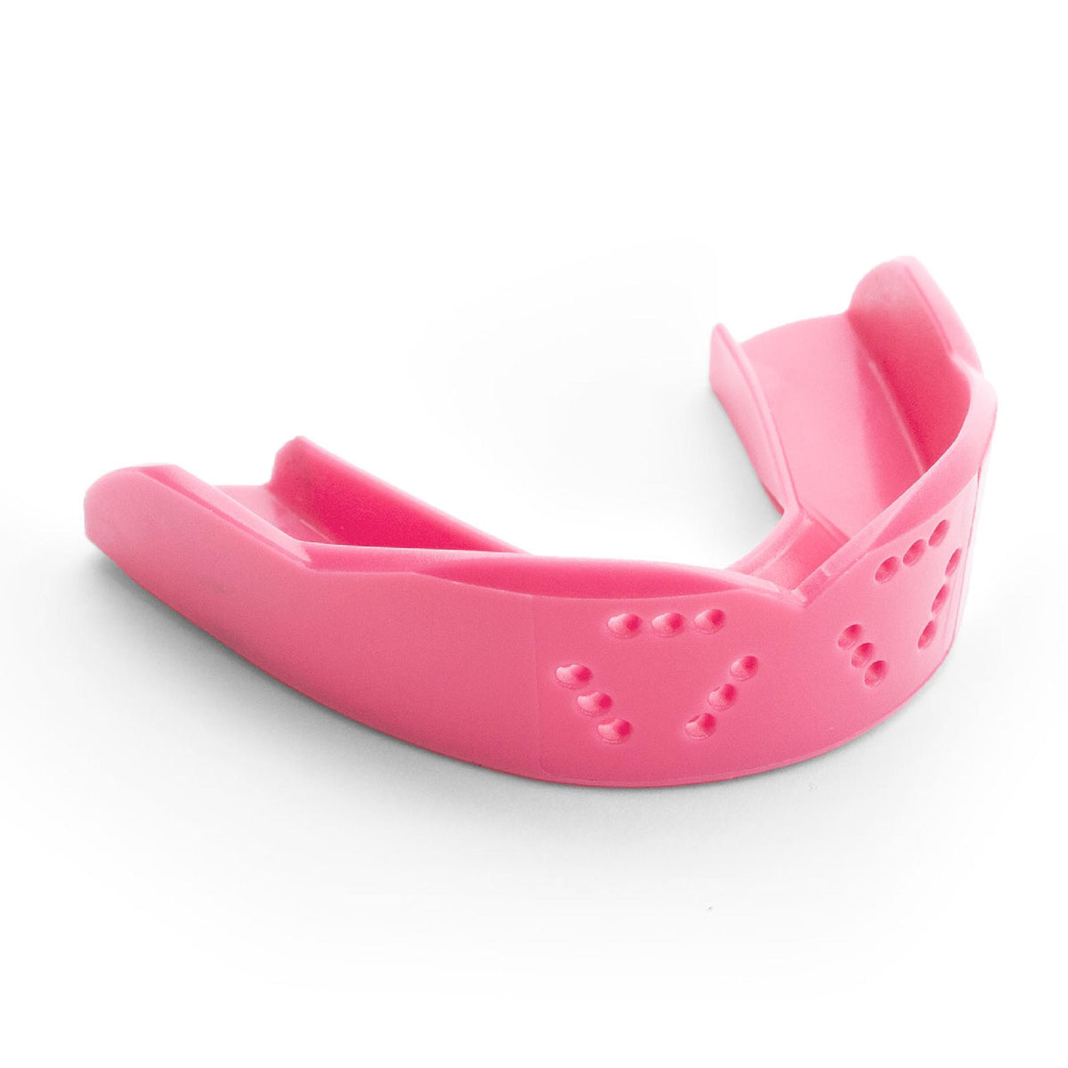 Adult sports mouthguard with slim contoured design and multiple ventilation holes for breathability and protection during athletic activities.
