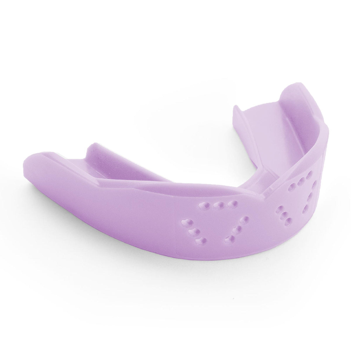 Adult sports mouthguard with slim contoured design and multiple ventilation holes for breathability and protection during athletic activities.