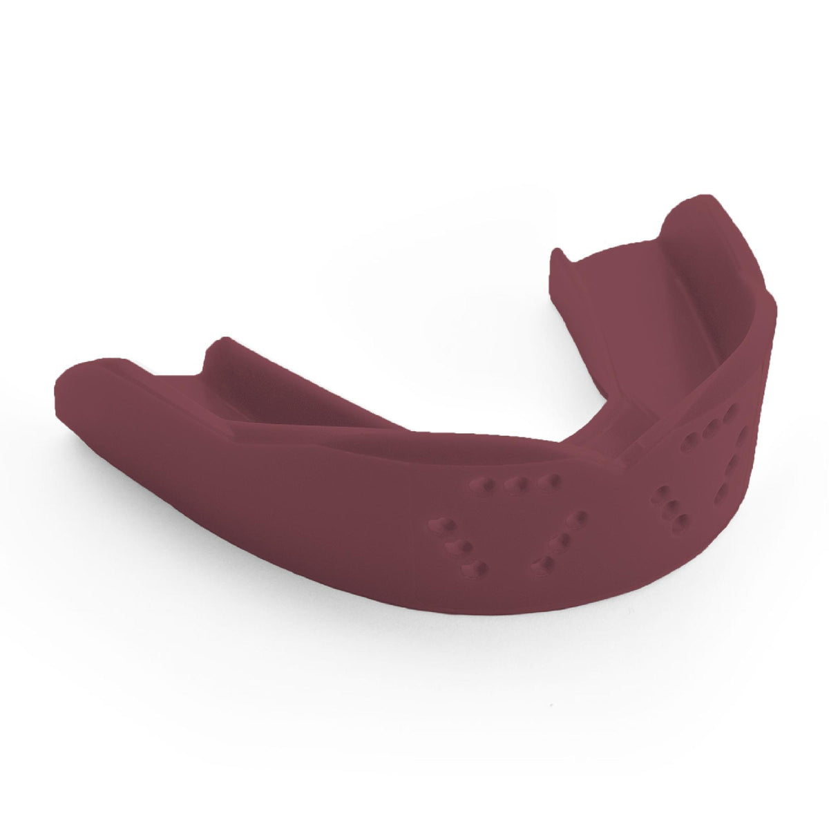 Adult sports mouthguard with slim contoured design and multiple ventilation holes for breathability and protection during athletic activities.