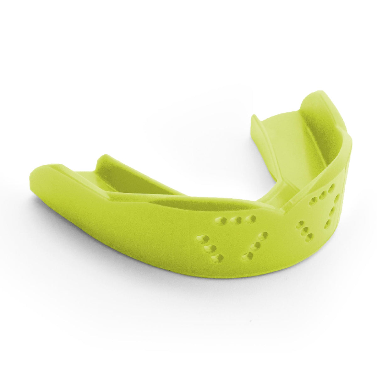 Adult sports mouthguard with slim contoured design and multiple ventilation holes for breathability and protection during athletic activities.