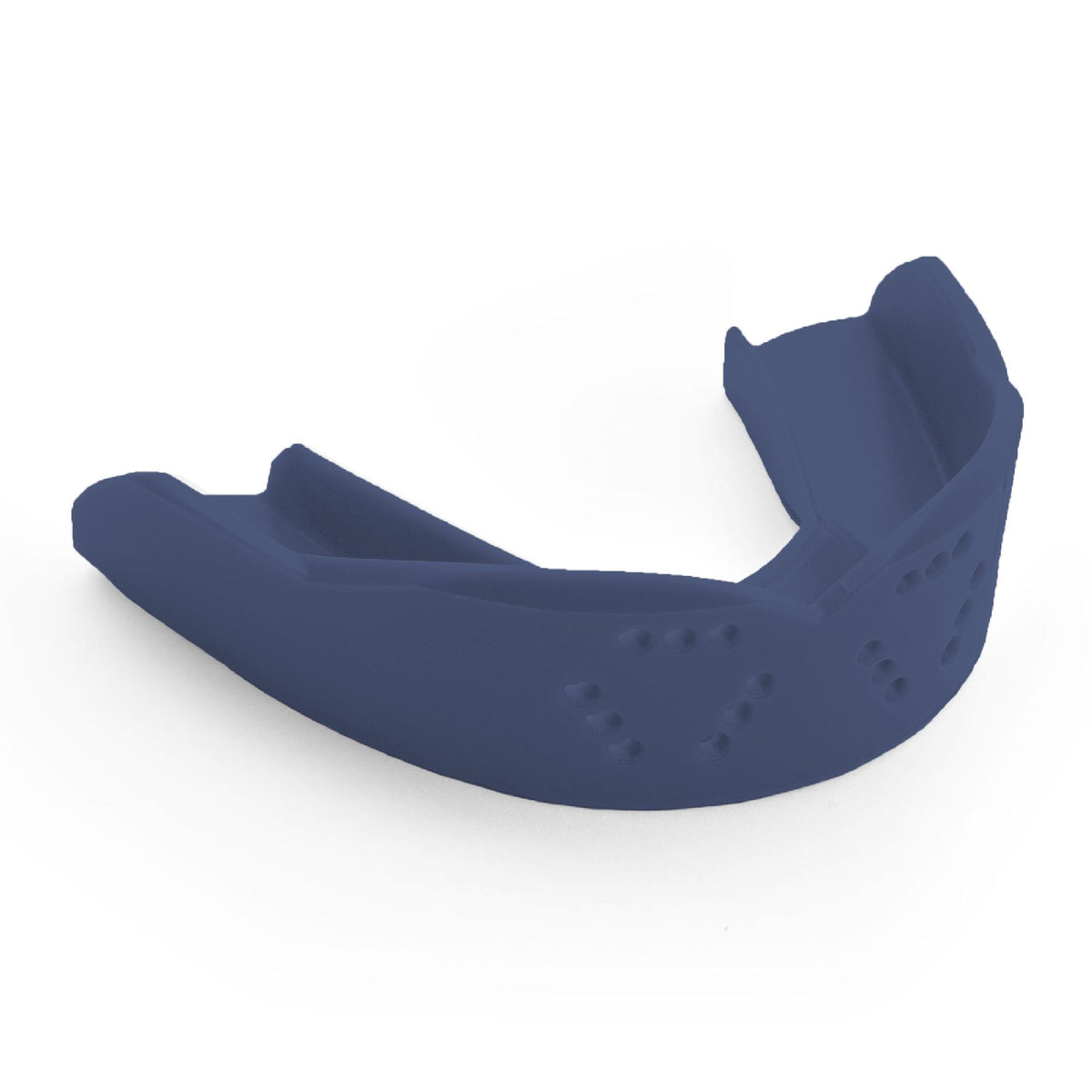 Adult sports mouthguard with slim contoured design and multiple ventilation holes for breathability and protection during athletic activities.