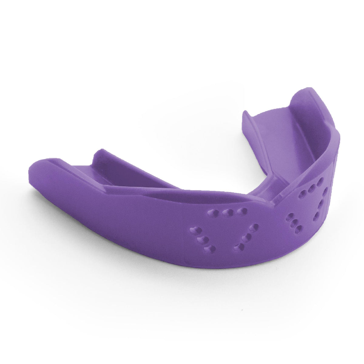 Youth sports mouthguard with slim contoured design and multiple ventilation holes for breathability and protection during athletic activities.