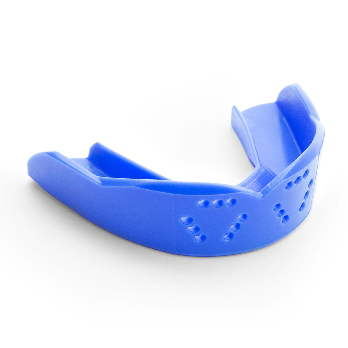 Youth sports mouthguard with slim contoured design and multiple ventilation holes for breathability and protection during athletic activities.