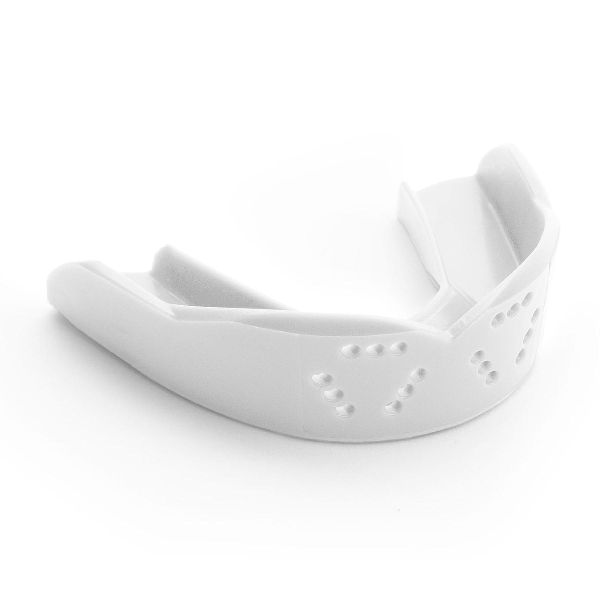 Adult sports mouthguard with slim contoured design and multiple ventilation holes for breathability and protection during athletic activities.