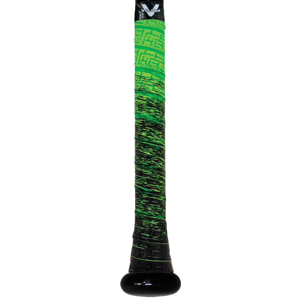 Vulcan Green Slime baseball bat grip featuring a black-to-neon green splatter gradient design with textured pattern and black end cap, shown wrapped on a bat handle in vertical view on a light background. ⚾
