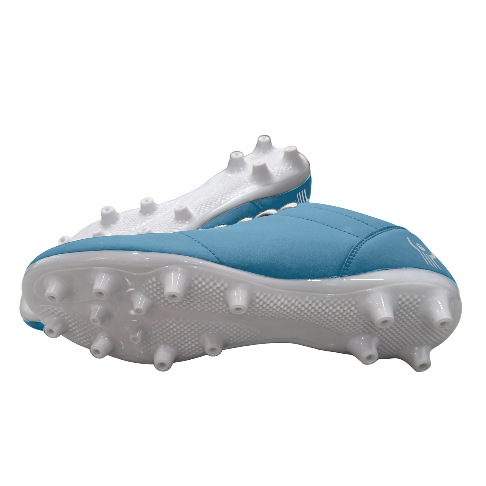 Great Call Athletics Courage Soccer Shoe in Powder Blue - stacked side view with cleats