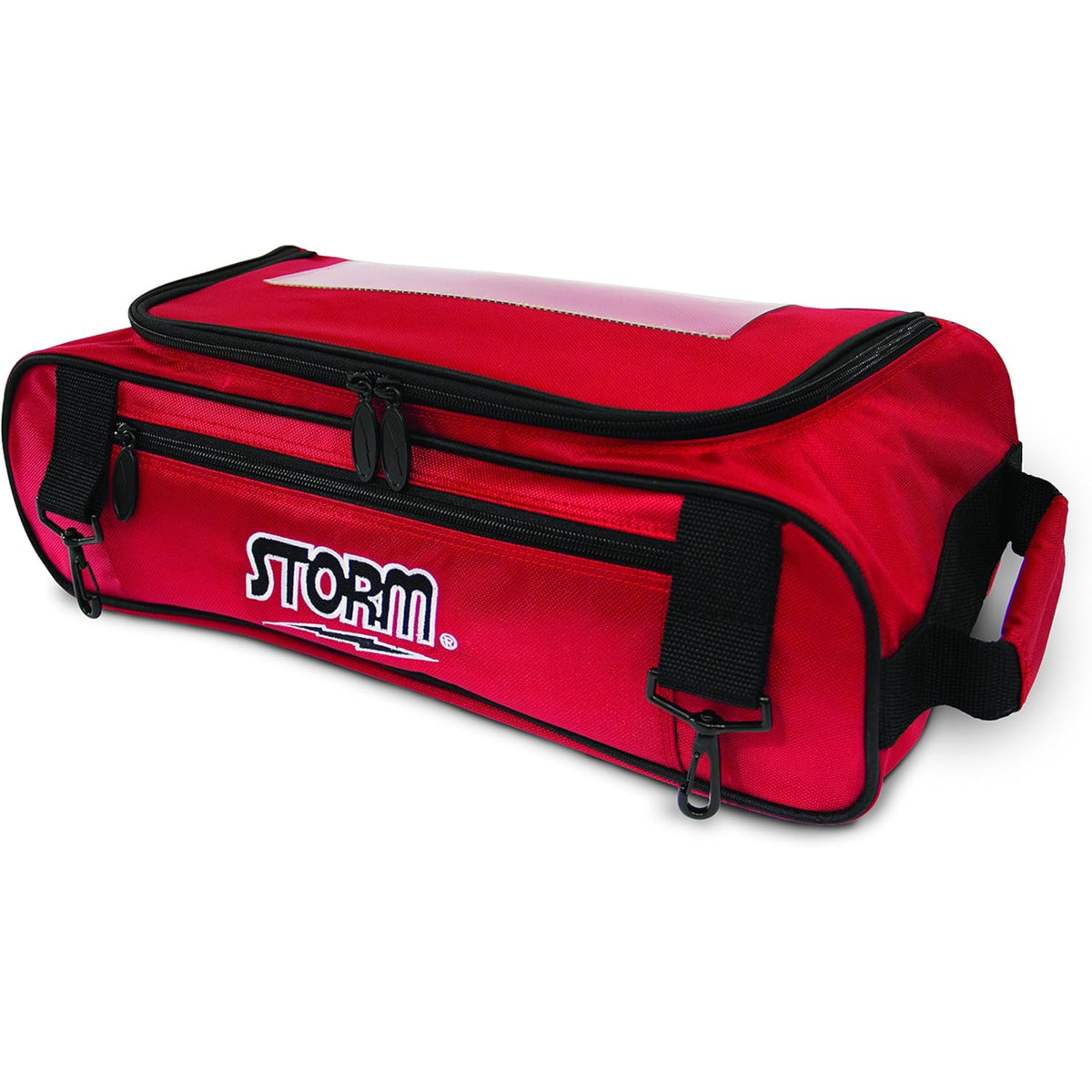 Red duffel bag with black zippers and Storm logo on a white background