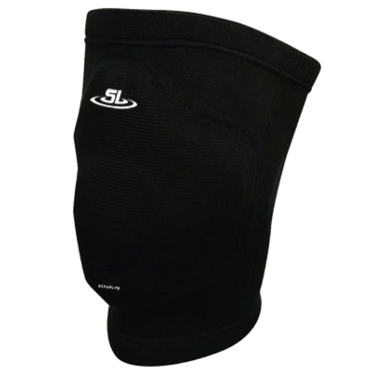 Black knee pad with a logo on a white background